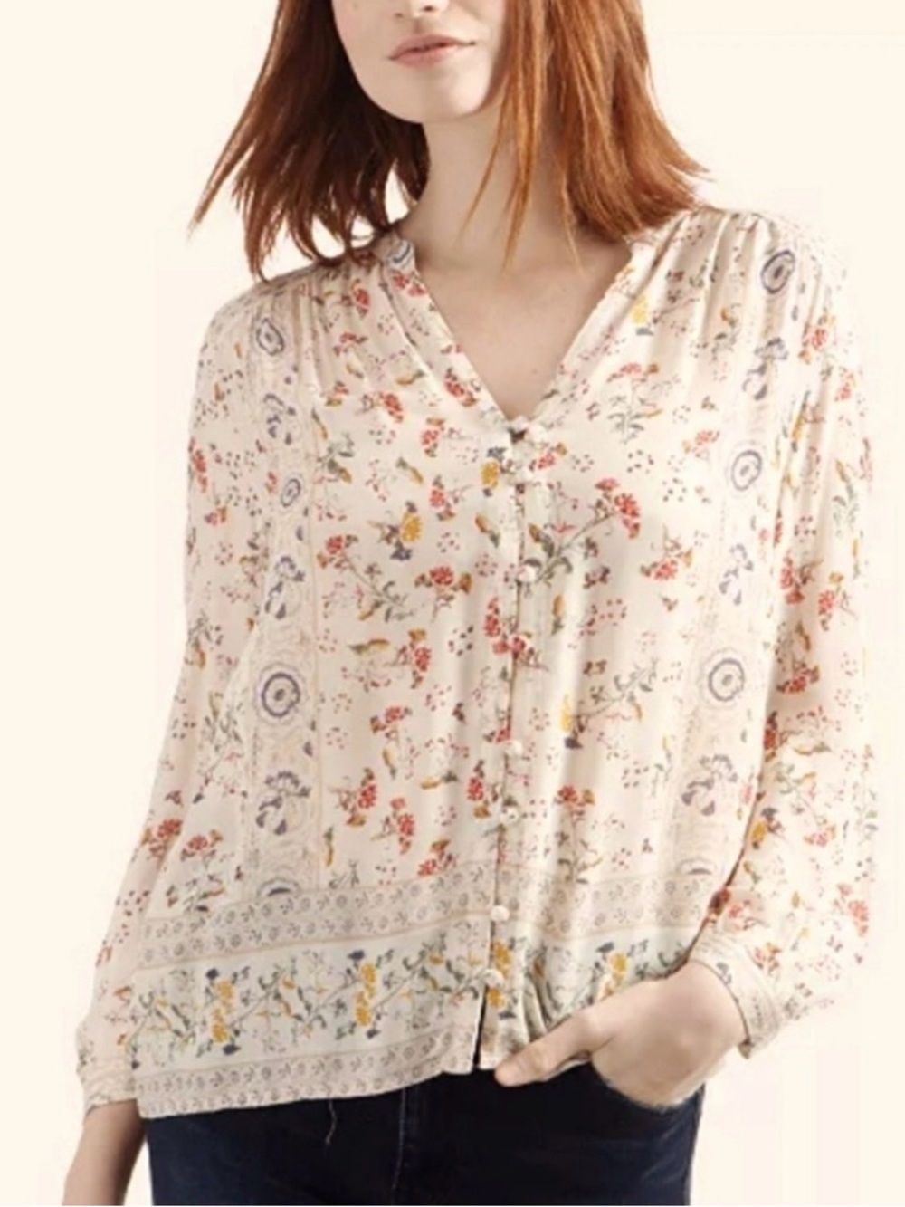 Lucky Brand Cream Floral V-Neck Button Front Blouse